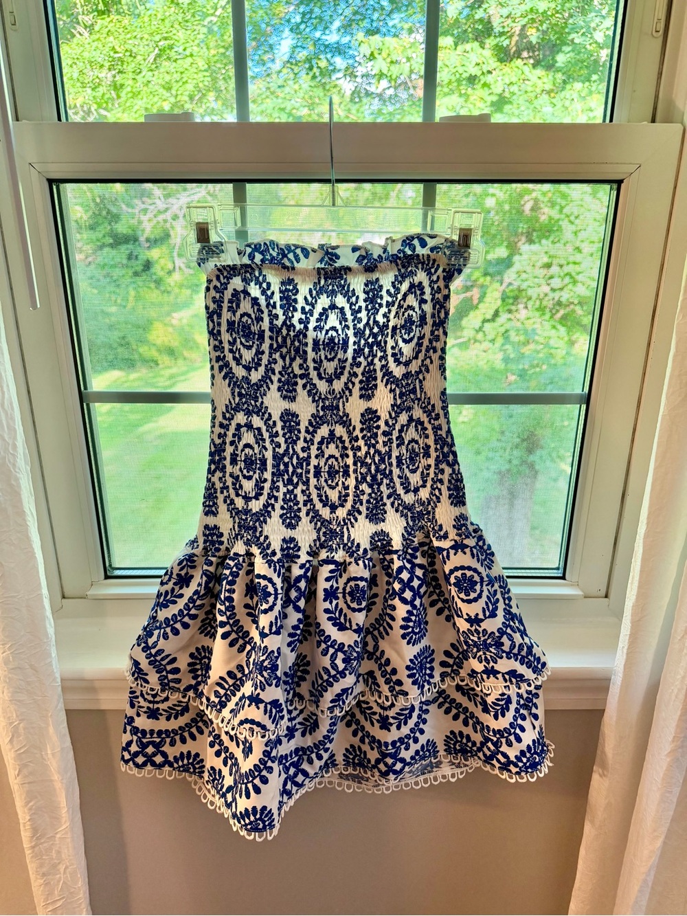 SHEIN White with Blue Embroidered Pattern Strapless Short Dress